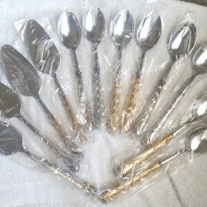12pc LOT French Silver Gold Plate Stainless Spoon Salad Cake Hostess Server Sets